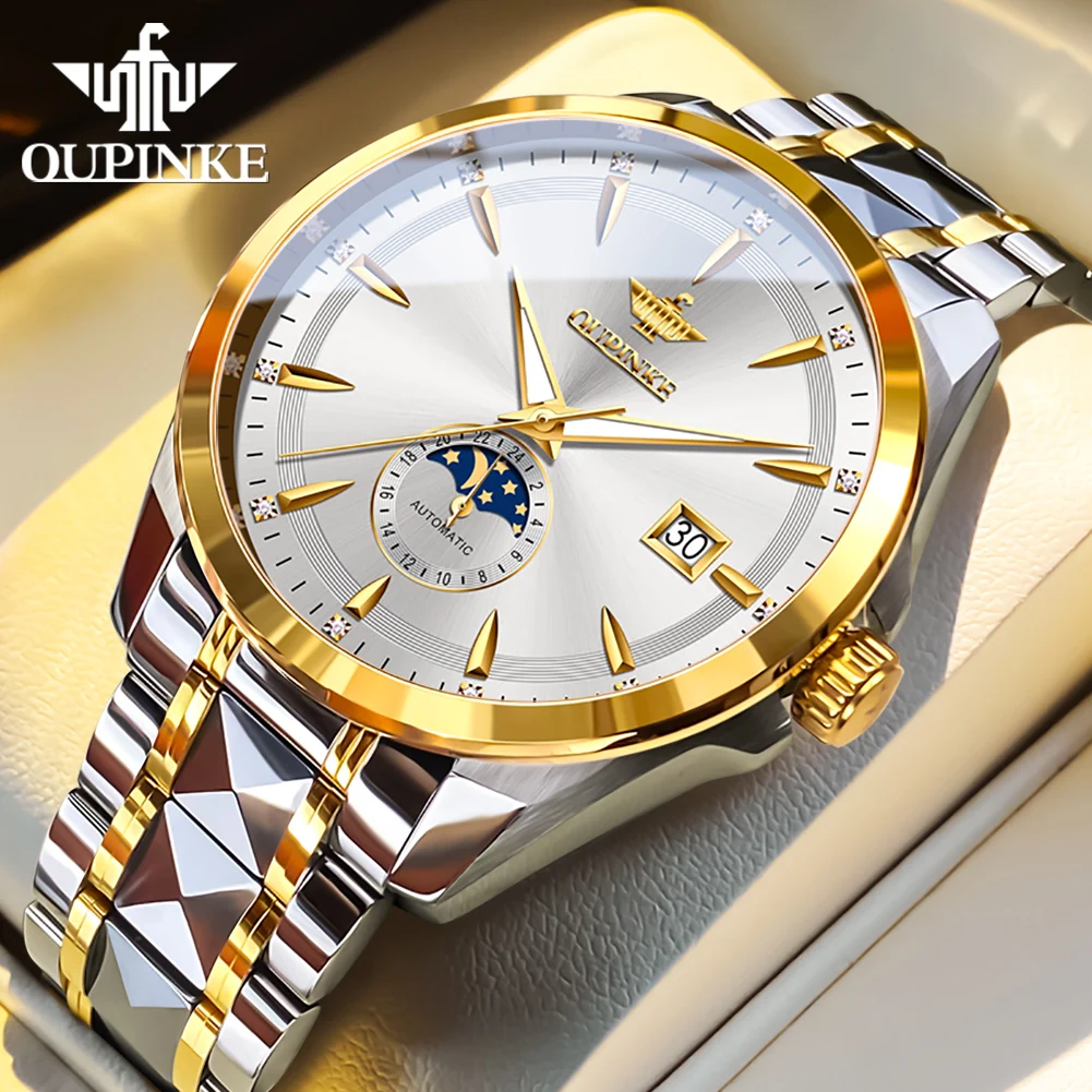 

OUPINKE 3292 Waterproof Moon Phase Men's Watch Synthetic Sapphire Mirror Tungsten steel Strap Automatic Mechanical Watch