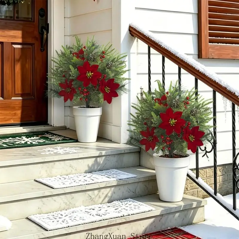 Weihnachtsgarten-Blumenstecker mit roter Blumenform, 23,6 Zoll hoch, Weihnachtsdekoration für Verandatöpfe, Eingangsbereich – Detail 2
