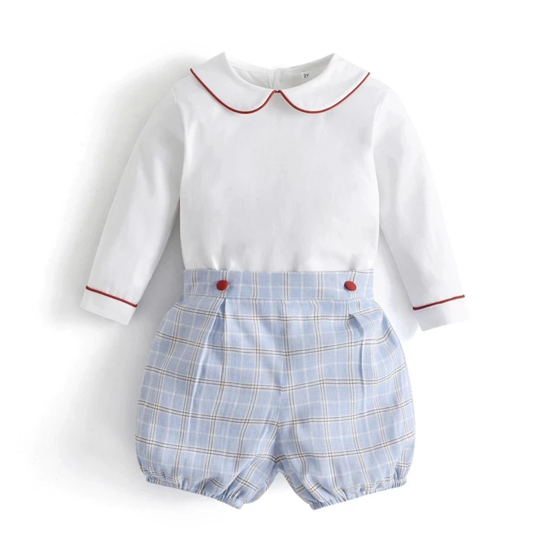 Terno espanhol de manga comprida infantil, camisas de algodão branco, calções azuis, criança boutique, roupa de aniversário para meninos, 2 peças