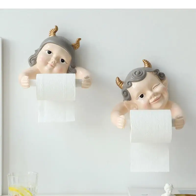 Elves Boy Girl Tissue Box Kitchen Toilet Roll Holder Resin Decorative Boxes Wall-mounted Paper Towel Holders