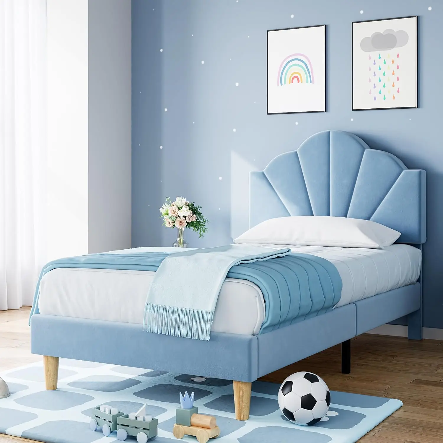 with Height Adjustable Headboard, for Boys & Girls, Wood Slat Support, Stable Metal Frame, Easy to Assemble