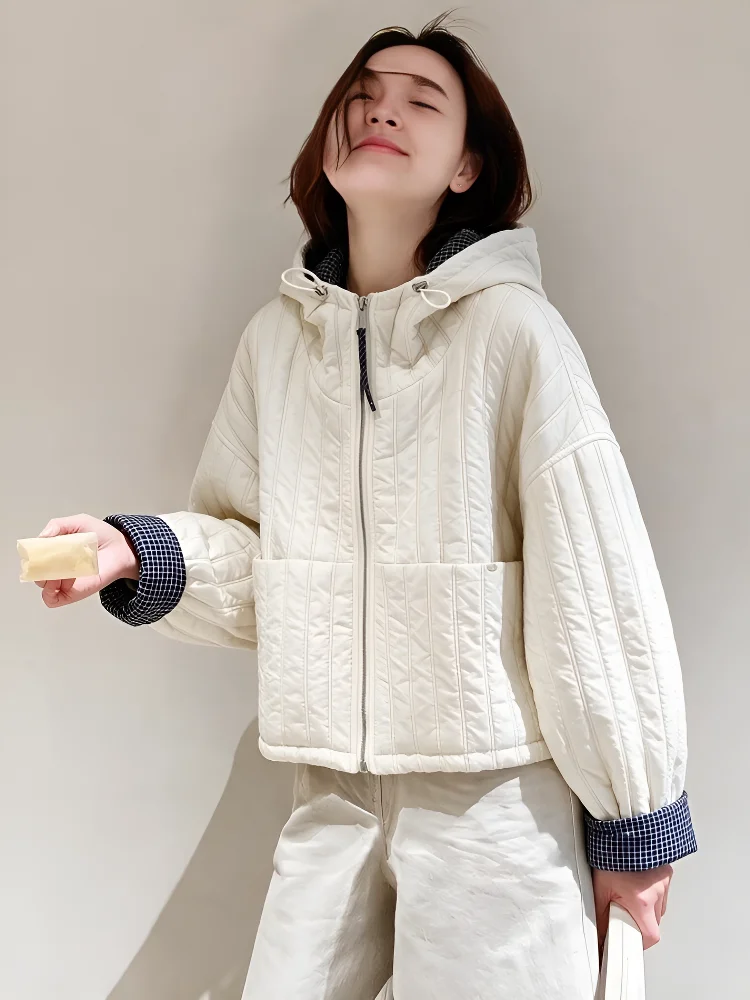 Young Stylish Quilted Cotton Jacket Women's Loose Fit Hooded Lightweight Autumn Winter Coat Casual Comfortable Polyester Fabric
