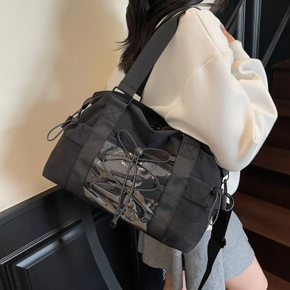 

Simple Casual Nylon Tote Bag Drawstring Lightweight Travel Luggage Bag Solid Color Portable Oxford Cloth Shoulder Bag Students