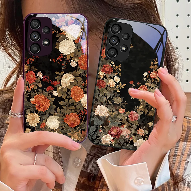 Oil Painting Flowers For Samsung Galaxy S10 4G S20 11E 30 S21 21Fe 22 S24 Pro S23 Ultra 5G S8 S9 Tempered Glass Phone Case