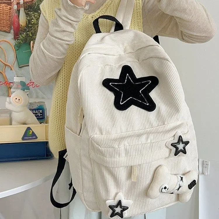 Cute Corduroy Backpacks Star Decoration School Bags For Teenage Girls 2024 New Designer Soft Cloth Satchels Korea Packages