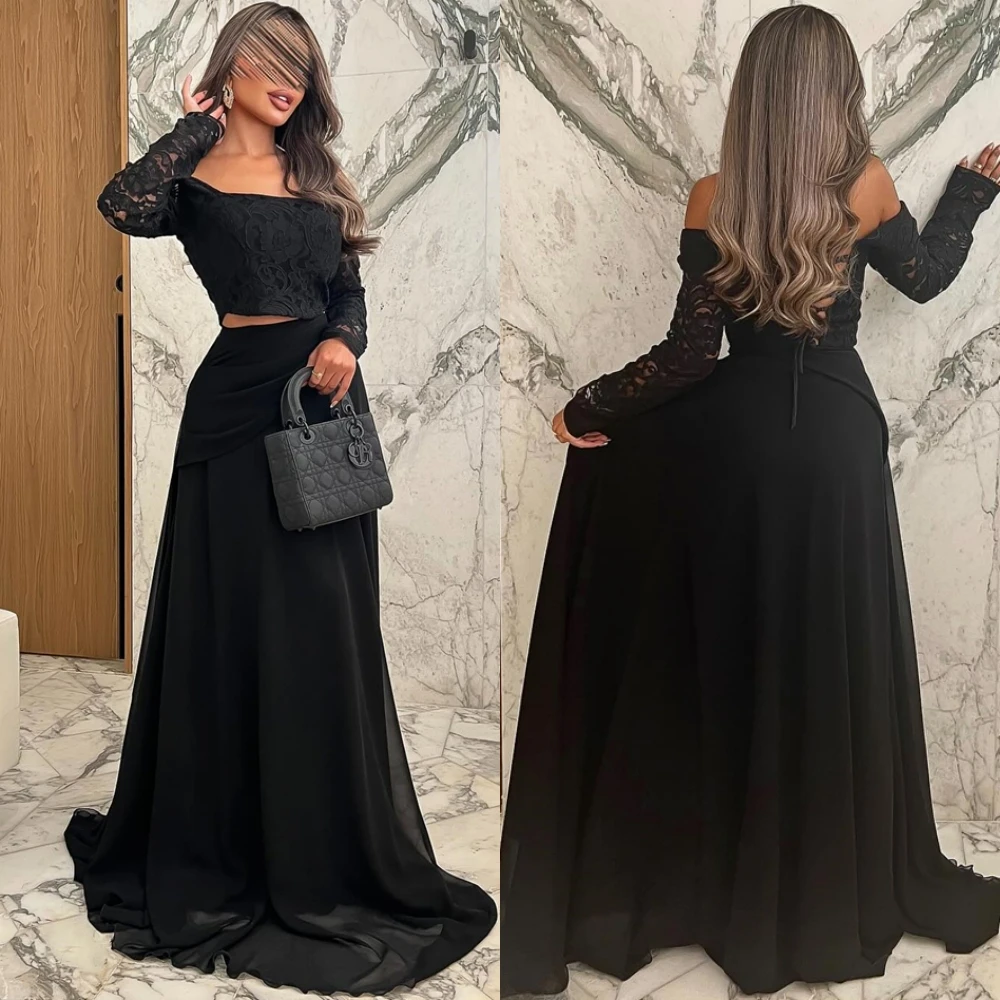 

Customized Luxury Satin Evening Dress Exquisite Boat Neck Prom Dresses Modern Long Sleeves Sweep Train Special Occasion Gowns