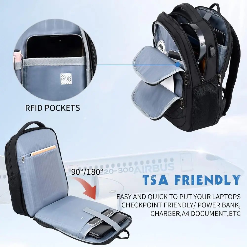 Mochila acolchoada para laptop com 17 bolsos para porta USB e RFID – Mochila resistente à água para trabalho, faculdade, homens e mulheres