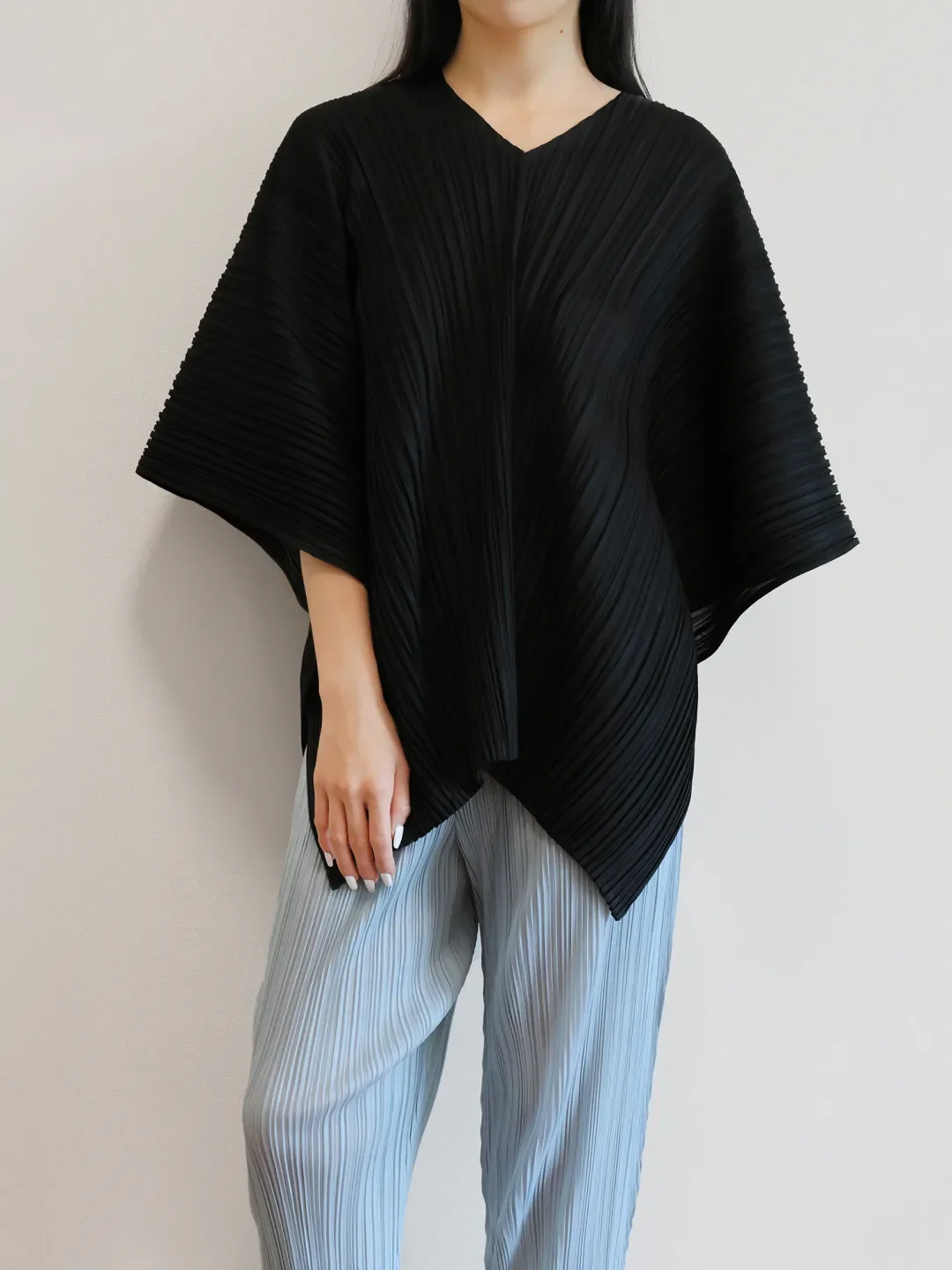 Fold Miyake Pleated Blouse Womens Grey Draped Asymmetrical Hem V-neck 2026 Spring Summer Fancy Classy Perfect Fit Elegance Vibe