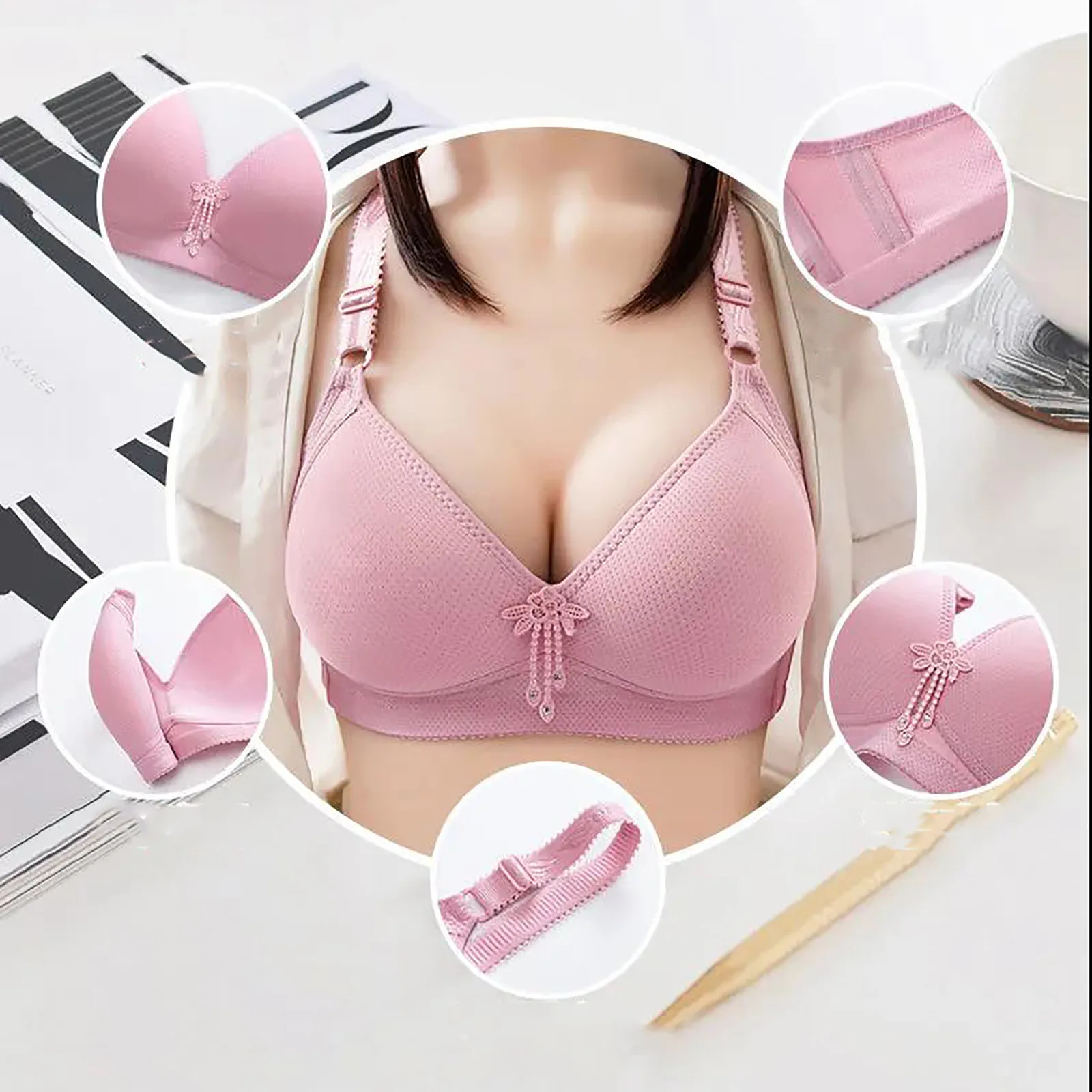 Large Size Gahter Push Up Lingerie Bra Breathbale No Steel Ring Braletter Solid Color Adjusted-straps Fold Side Breast Underwear