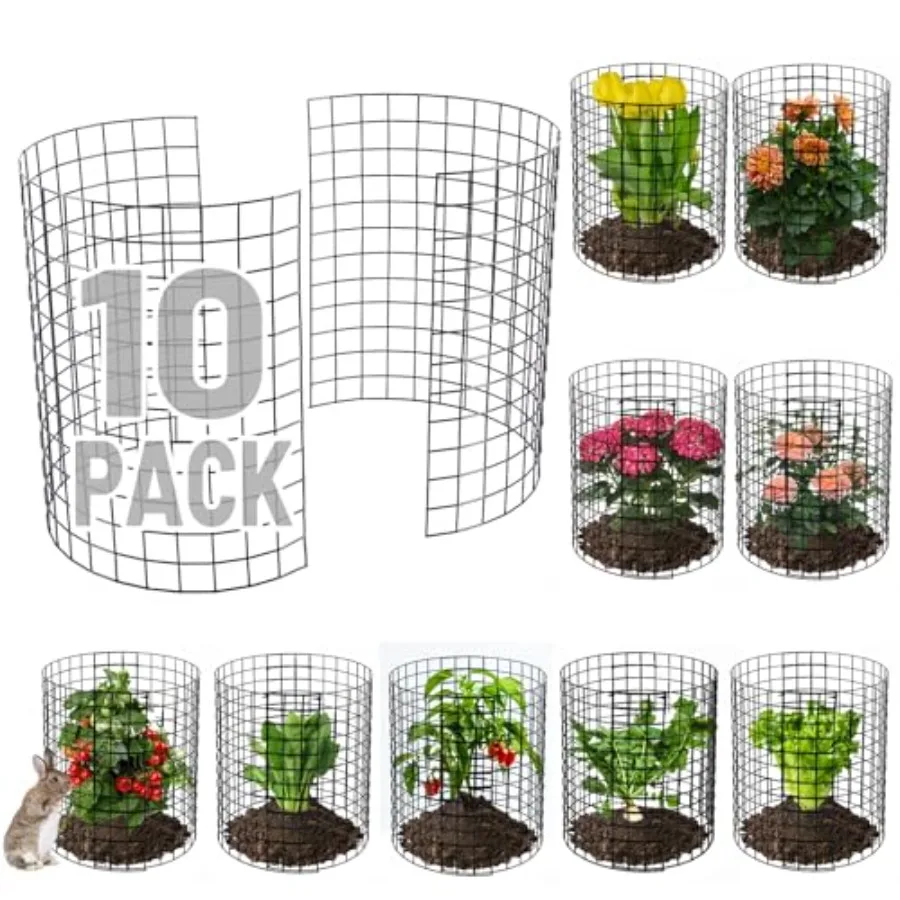 

Garden plant protector cages for rabbits, deer, squirrels; 12-gauge pre-bent wire; black; quick-setup with zip ties and stakes;