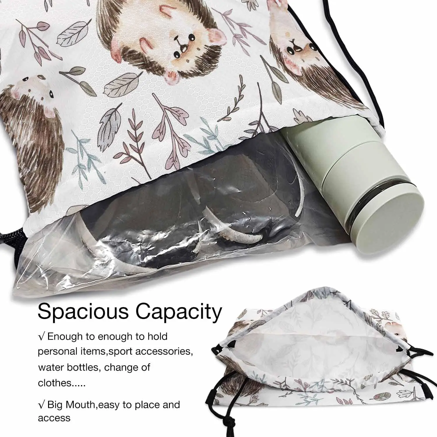 Рюкзак на шнурке с ежиком, регулируемый плечевой ремень, милое животное, морфометрический лист, ветка, сумка на шнурке, подходит для занятий спортом