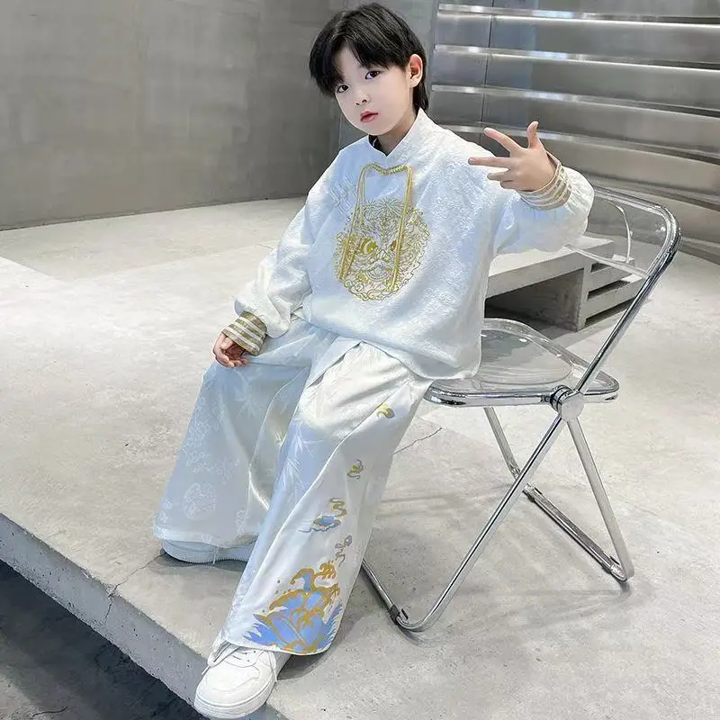 جديد النمط الصيني التنين التطريز قميص علوي فستان أطفال مع سروال داخلي الأولاد ملابس تقليدية كول الشارع موضة ملابس الاطفال تانغ البدلة