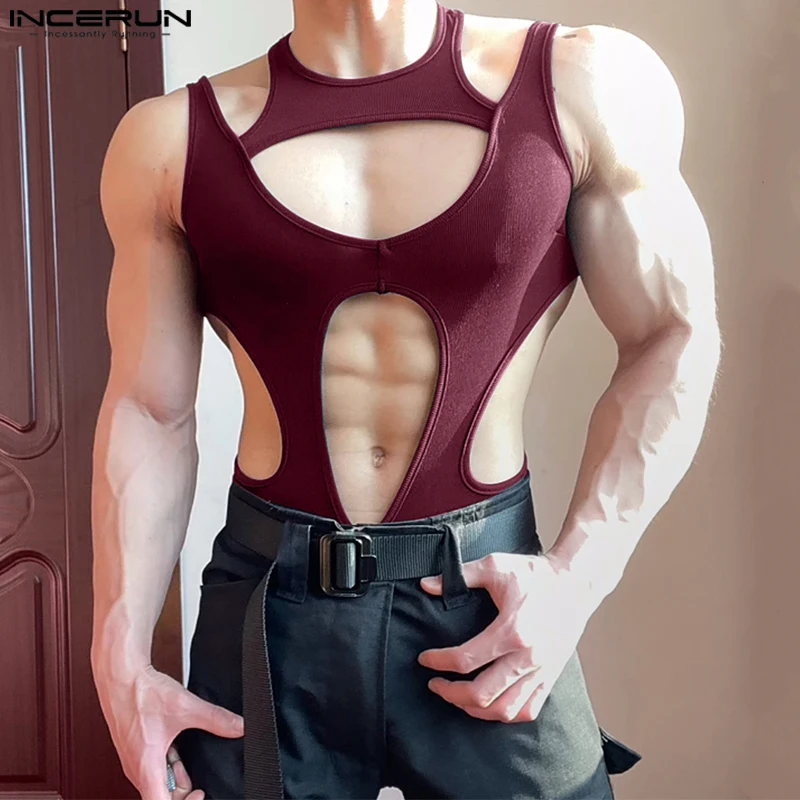 

INCERUN Men Bodysuits Solid Color O-neck Sleeveless Hollow Out Male Rompers Sexy 2025 Streetwear Fashion Irregular Bodysuit Men
