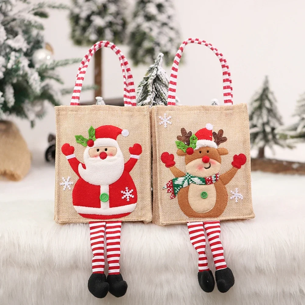 Christmas Decor Creative Cute Linen Machine Embroidered Tote Bag Santa Snowman Reindeer Christmas Tree with Feet Gift Candy Bag