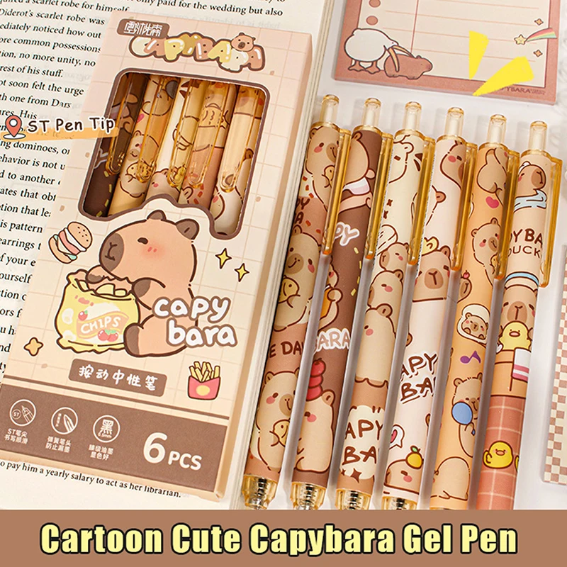 

6Pcs Cute Capybara Pressing Gel Pens Kawaii Black Ink Pen Set School Supplies Cartoon Capybara Neutral Pen Aesthetic Stationery