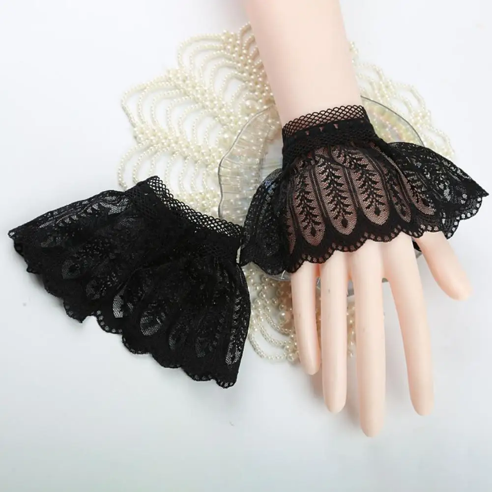 1 Pair Japanese Lolita Hand Wrist Cuffs Lace Trim Faux Pearl Cosplay Maid Accessories DIY Sewing Embellishment Hand Sleeves