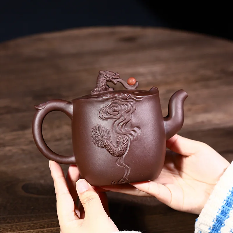 Drop-Shipping Yixing Pure Handmade Raw Ore Purple Clay Teapot Double Dragons Playing With Pearls High-End Tea Set