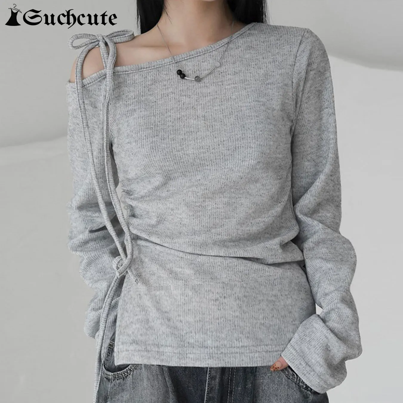 

SUCHCUTE Gray Skew Collar Tie-up T-Shirt for Women Solid Oversize Clothes Y2k Streetwear Long Sleeve Tees Korean Casual Top Fall