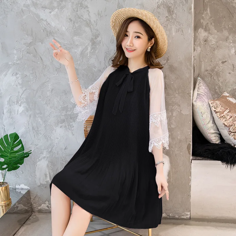 2022 New summer maternity dress loose chiffon dress pleated lace mesh short-sleeved dress bottoming top pajamas