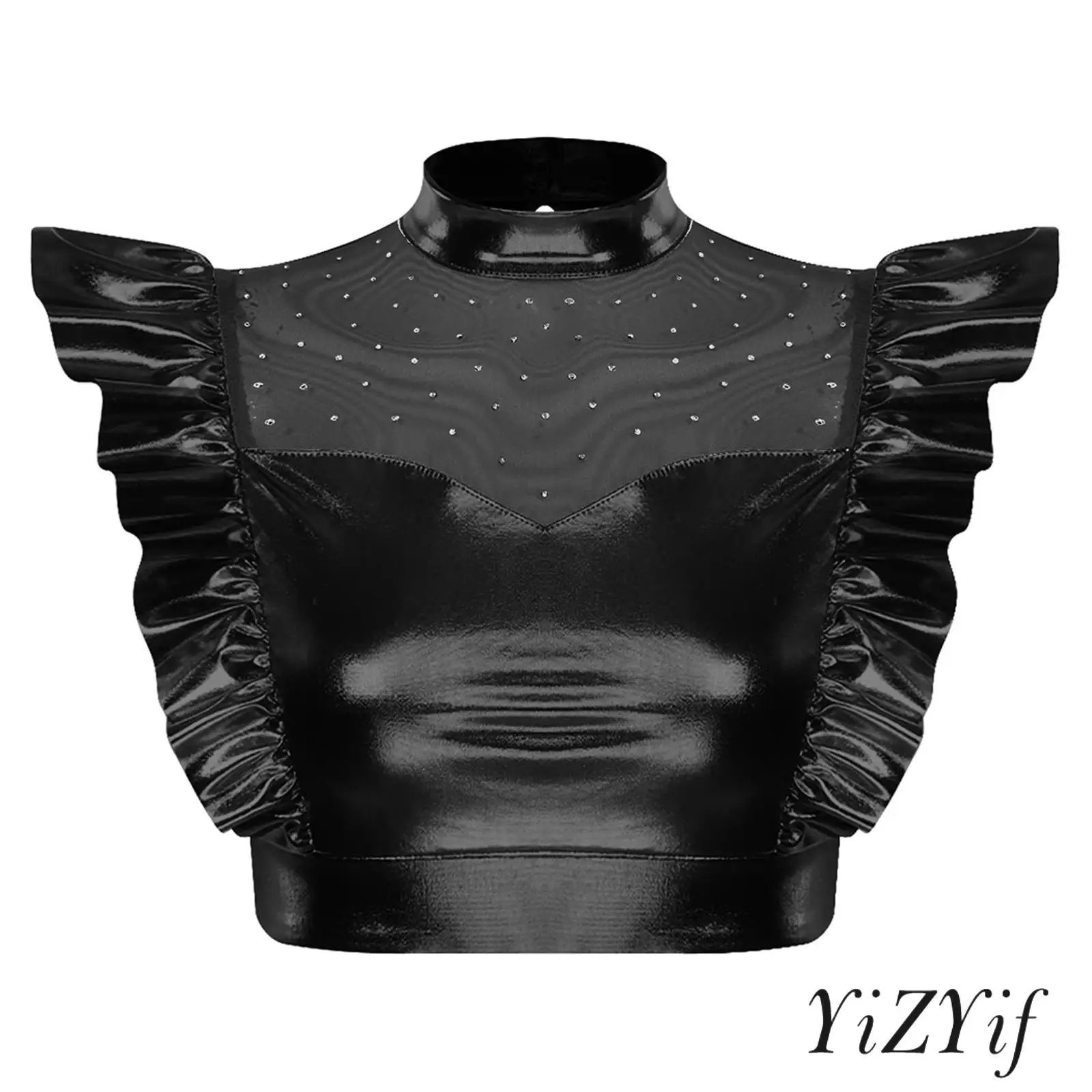 

Womens Metallic Shiny Jazz Dance Cropped Top Front Sheer Mesh with Rhinestones Ruffled Trim Sleeveless Tank Top Party Clubwear