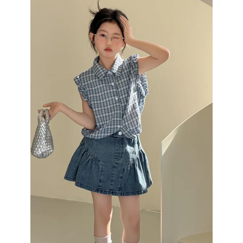

Summer girls' sleeveless shirt and denim skirt set children's clothing girls' plaid sleeveless skirt two-piece trendy outfit