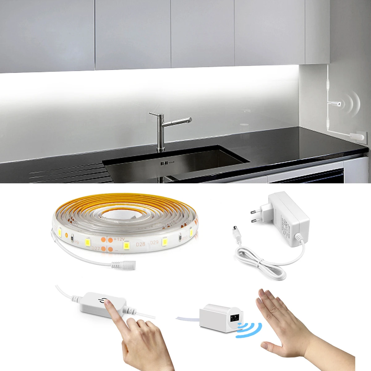 1m-5m Kitchen LED Strip Light with Hand Sweep Motion Sensor Touch Control Switch Waterproof under Cabinet Night Lamp