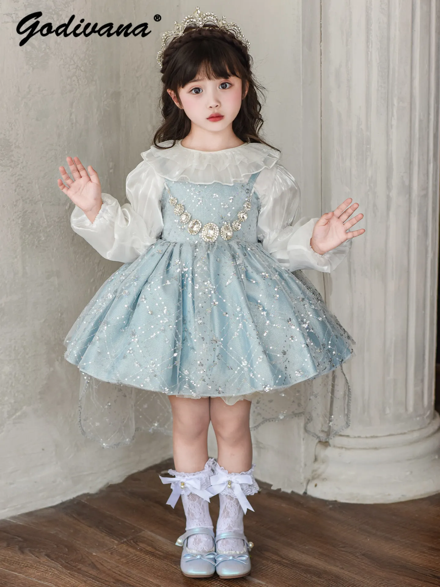 

Sweet Baby Girls Spring and Autumn 2026 New Lolita Dress Set Kids Rhinestone Sequined Mesh Bow Birthday Party Princess Ball Gown