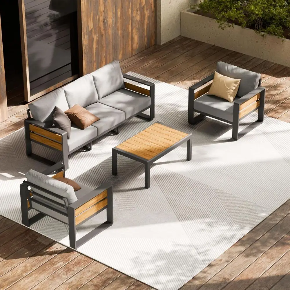 4-Piece Metal Outdoor Sectional Patio Furniture Set with Coffee Table and Washable Cushions for Garden, Backyard, or Porch - Gre