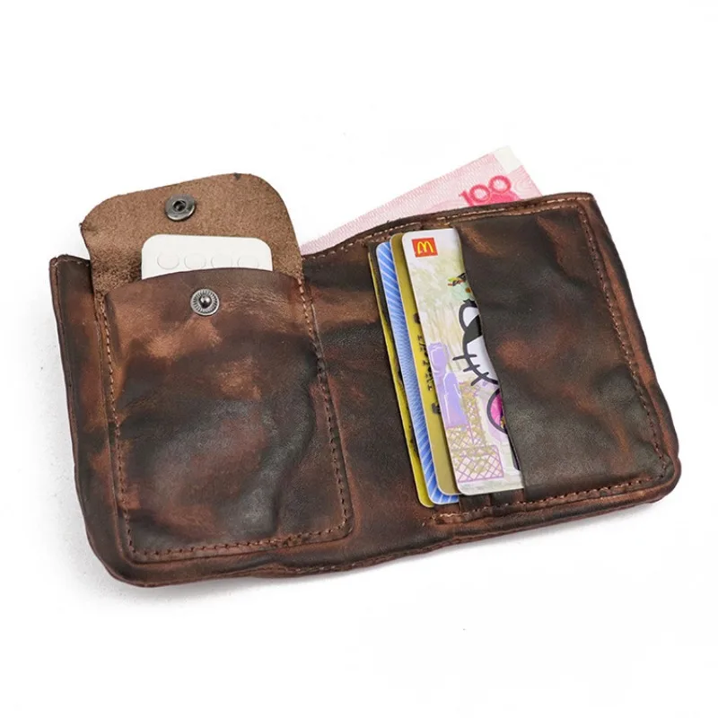 Japanese Cowhide Men\'s Fashion Zero Wallet Layer Vegetable Tanned Leather Short Wallet Large Money Clip Fold Card Bag