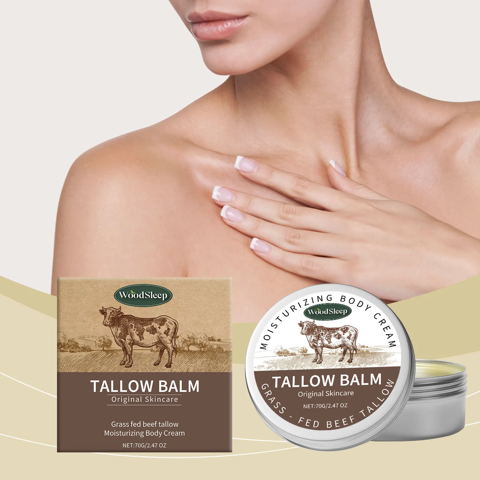 Woodsleep Grass Fed Beef Tallow Balm Tighten Skin Firming Rejuvenate Skin Barrier Repair Care Nourish Moisturizing Body Cream