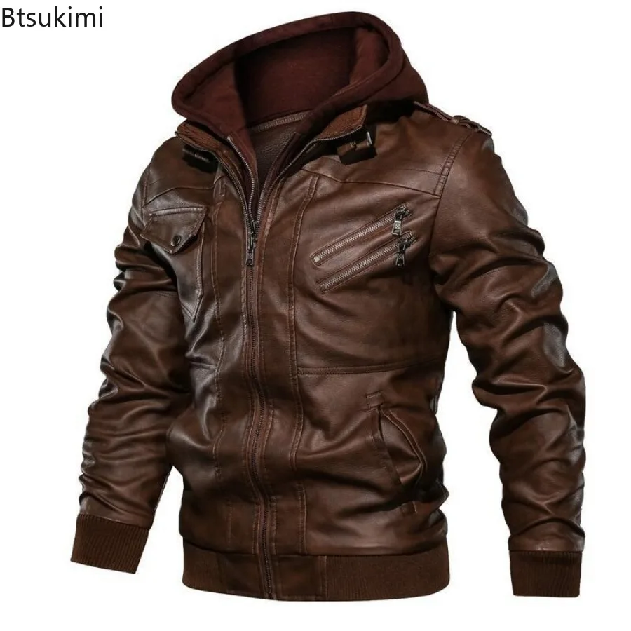 2025 Men's Autumn Winter Fashion Zippered Slim-fit PU Leather Multi-color Hooded Jacket Coat Business Office Jacket Men Clothing