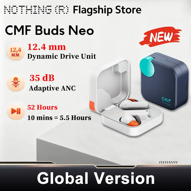 سماعات أذن لاسلكية CMF by Nothing Buds Neo، اتصال مزدوج، إلغاء ضوضاء نشط 35dB، بطارية تدوم 52 ساعة، بلوتوث