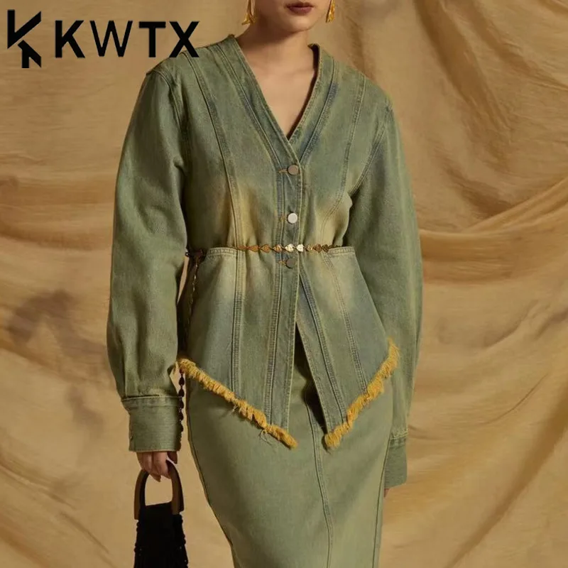

KWTX Women's Vintage Distressed Denim Jacket V-neck Asymmetric Frayed Solid Elegant Chic Spring Summer New Arrival 2025