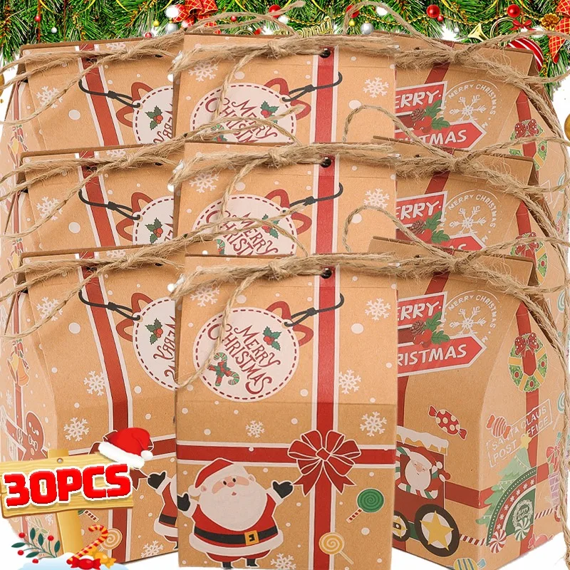 30/1PCS Christmas Kraft Paper Tote Packaging Gift Box Handle Pouch with Rope Candy Gift Bags Santa Claus Pack Xmas Party Decor