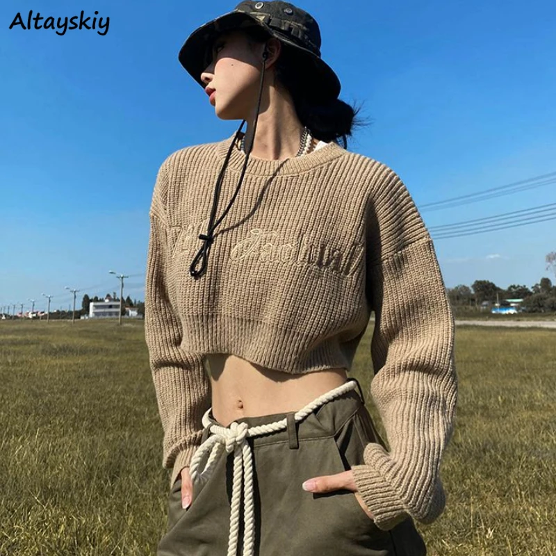 American Style Retro Knitted Pullovers Women Hot Sweet Crop Letter Sweaters Y2k Streetwear Autumn Fashion Teens Simple Chic Sexy