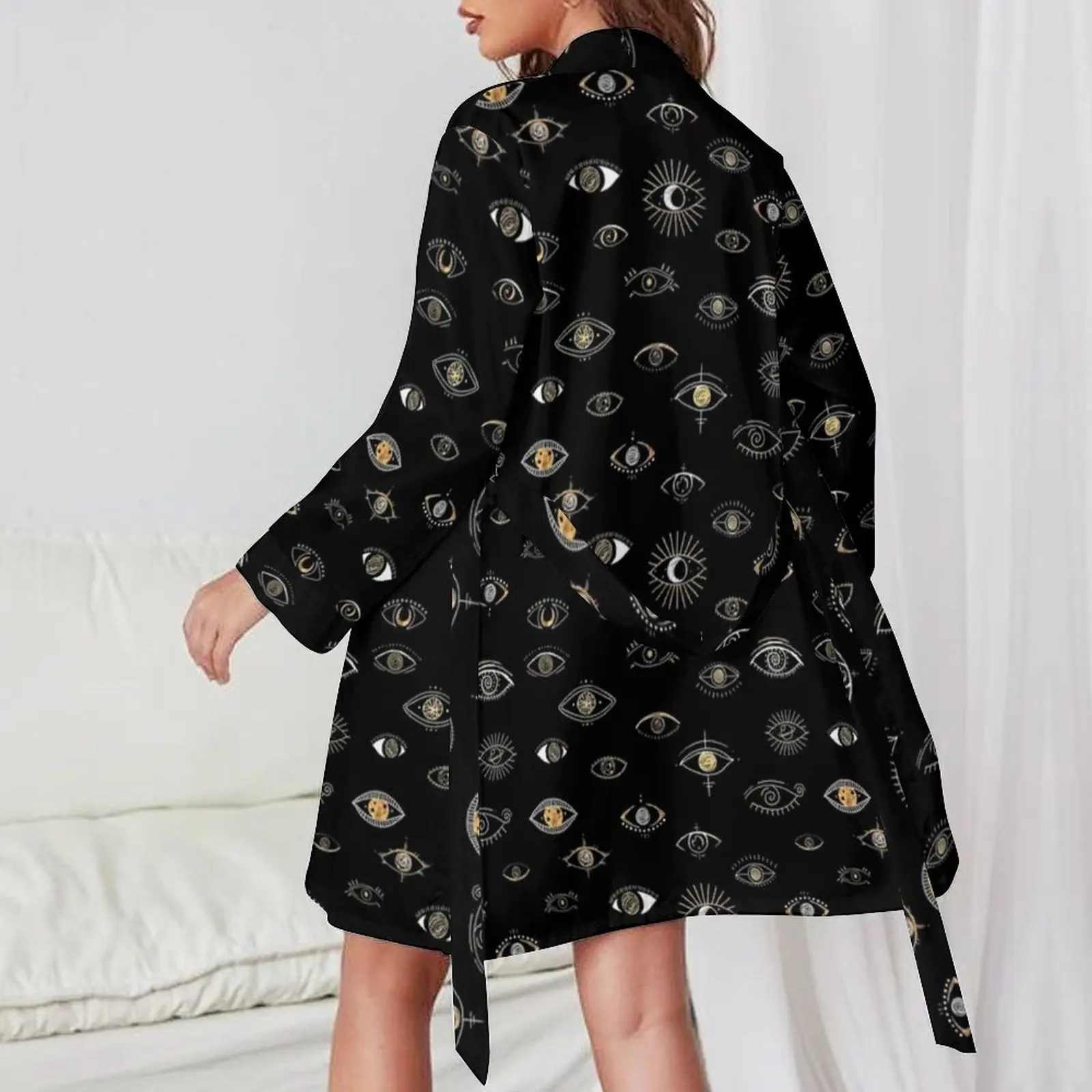 Mystic Eyes Night Pajama Robe Evil Eys Moon Sun Planets Long Sleeve Bedroom Pajamas Robes V Neck Elegant Bathrobe Daily Dresses