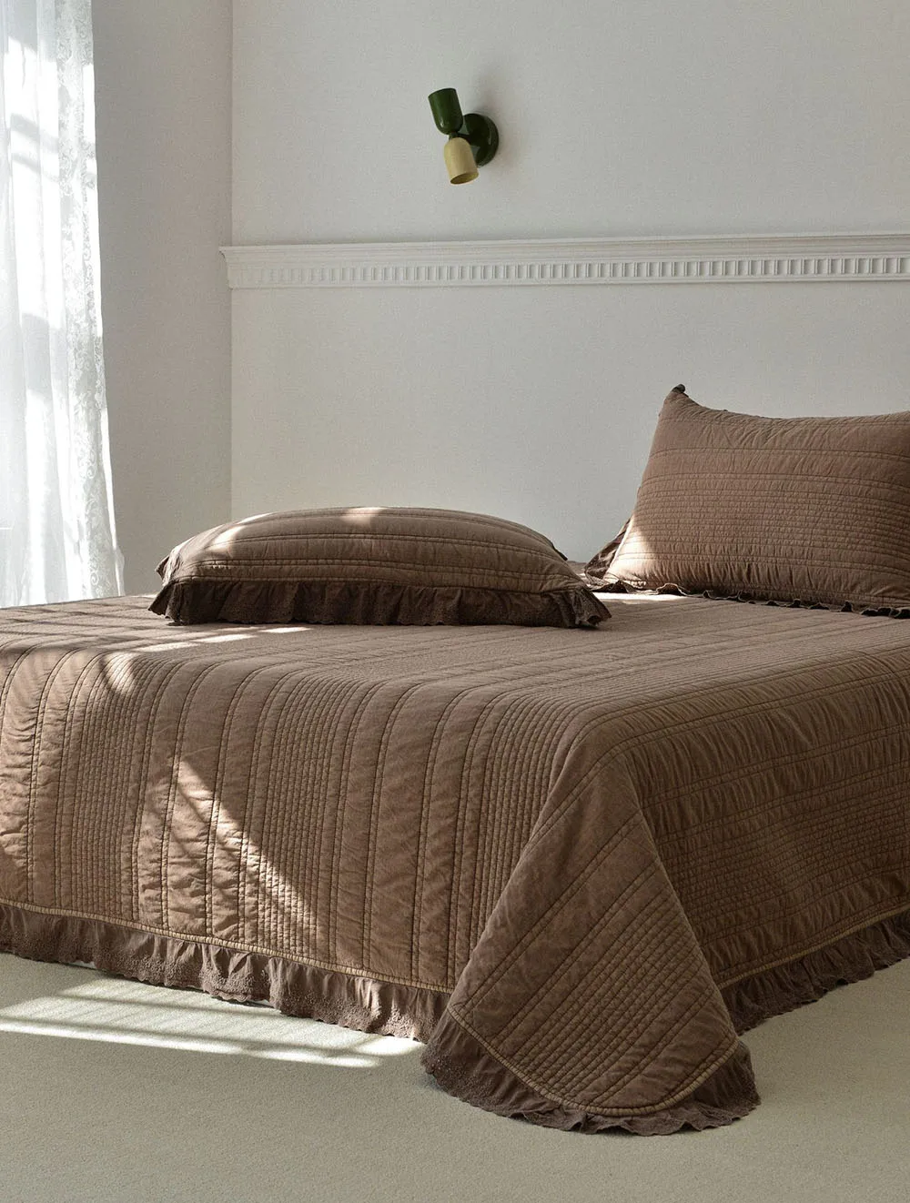 Soft Cotton Plant Enzyme Washed Quilt Set 3PCS Bedding Bedspread with Lace, Multifunctional Solid Color Quilted Duvet Cover 1PC 3