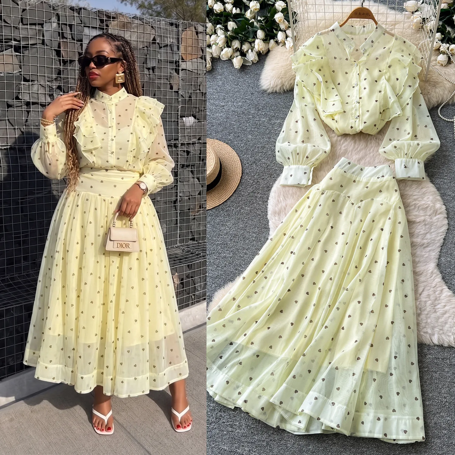 Fall Elegant Women Heart Print 2 Piece Outfit, Ruffle Long Sleeve Stand Collar Shirt & Maxi Skirt Set, Sheer Mesh Matching Suit view 4