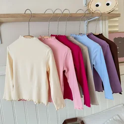 Spring Autumn Children Girl Tops Cotton Long Sleeve Ruffle Collar Baby Girl Tops Loose Solid Turtleneck Toddler Girl Undershirts