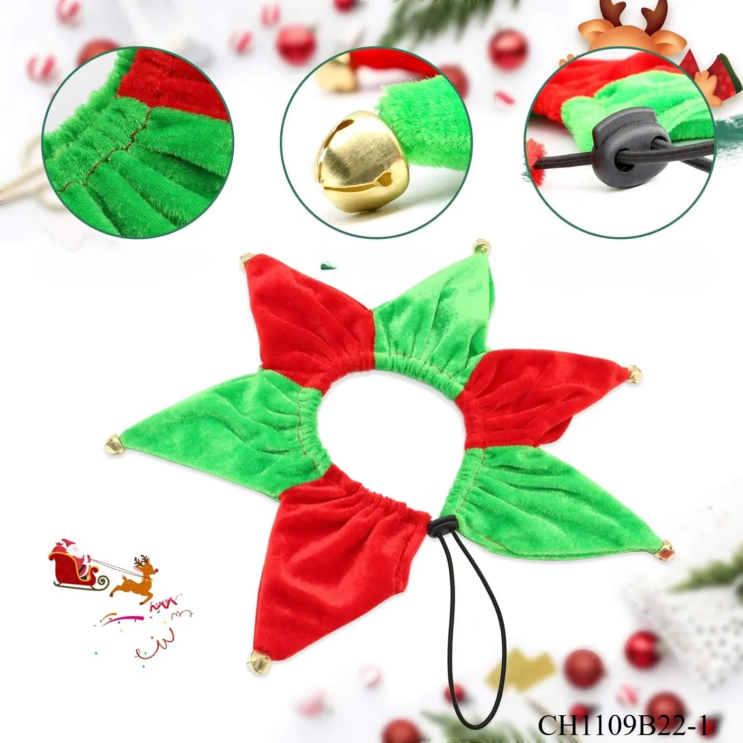 

PESENAR Festive Red & Green Velvet Star Collar with Jingle Bells - Perfect for Christmas Costumes