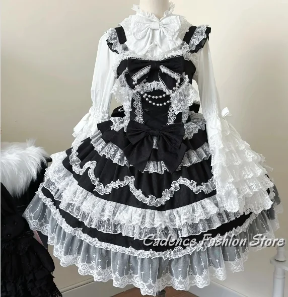 

Customized Black and White Lolita Evening Dress High Neck Flared Sleeve Rococo Style Lace Ruffle Puff Cake Hem Bow Details