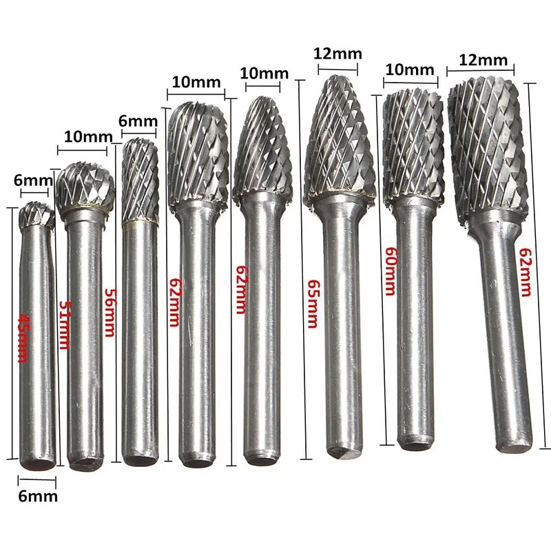 8pcs/set 1/4 Inch 6mm Tungsten Power Tool Carbide Burr Bits Rotary Files CNC Engraving Tool Set for Power Tool