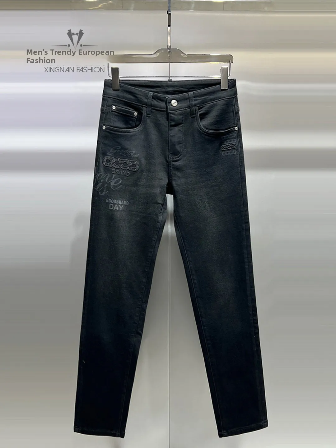 

Men's Faionable Diamond Embellied Fce Lined Slim Fit Jeans Winter Printed Pred Flower Sli Versatile Casual Pants