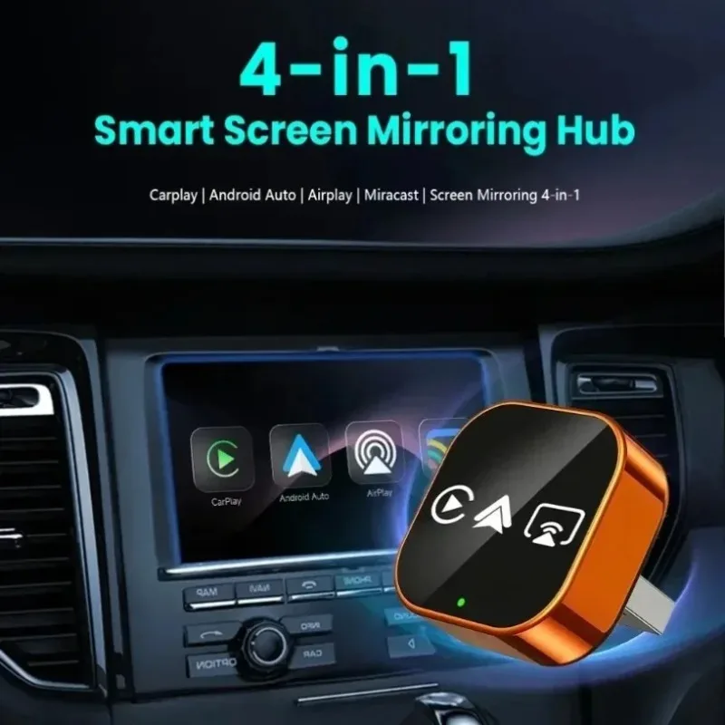 4 in 1 Car Wireless CarPlay Adapter Plug and Play for Car Stereo Radio Screen for iOS Android Auto Dongle AirPlay Miracast Box