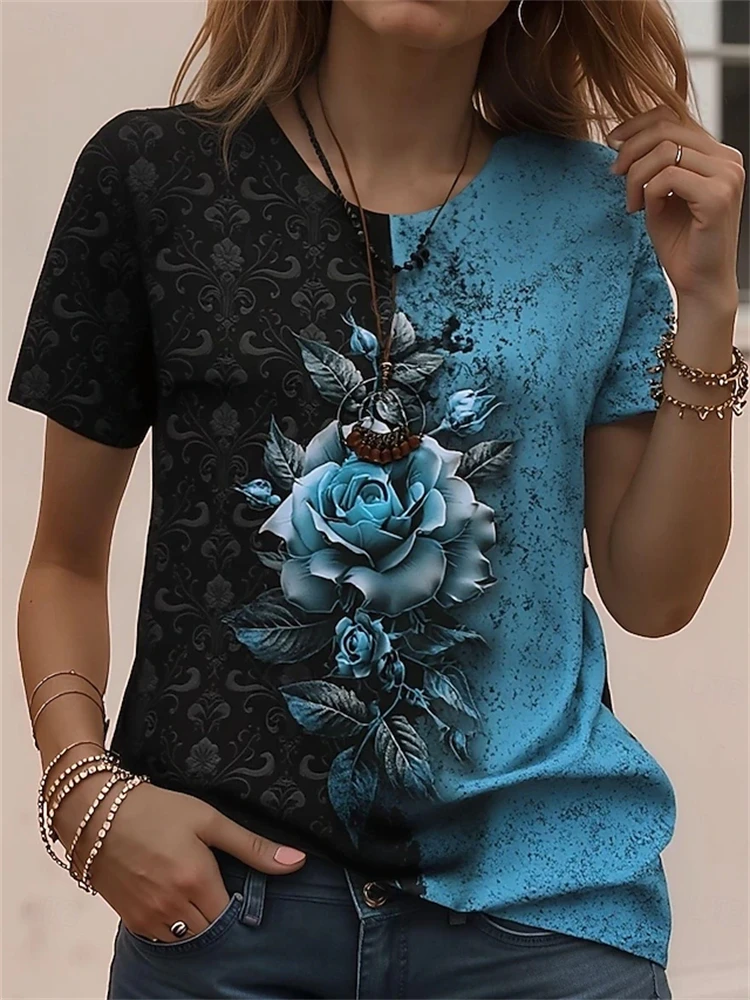 Women's Summer Casual Round-Neck Short-Sleeve T-Shirt with Elegant Floral Print Loose-Fitting Comfortable Women's T-Shirt