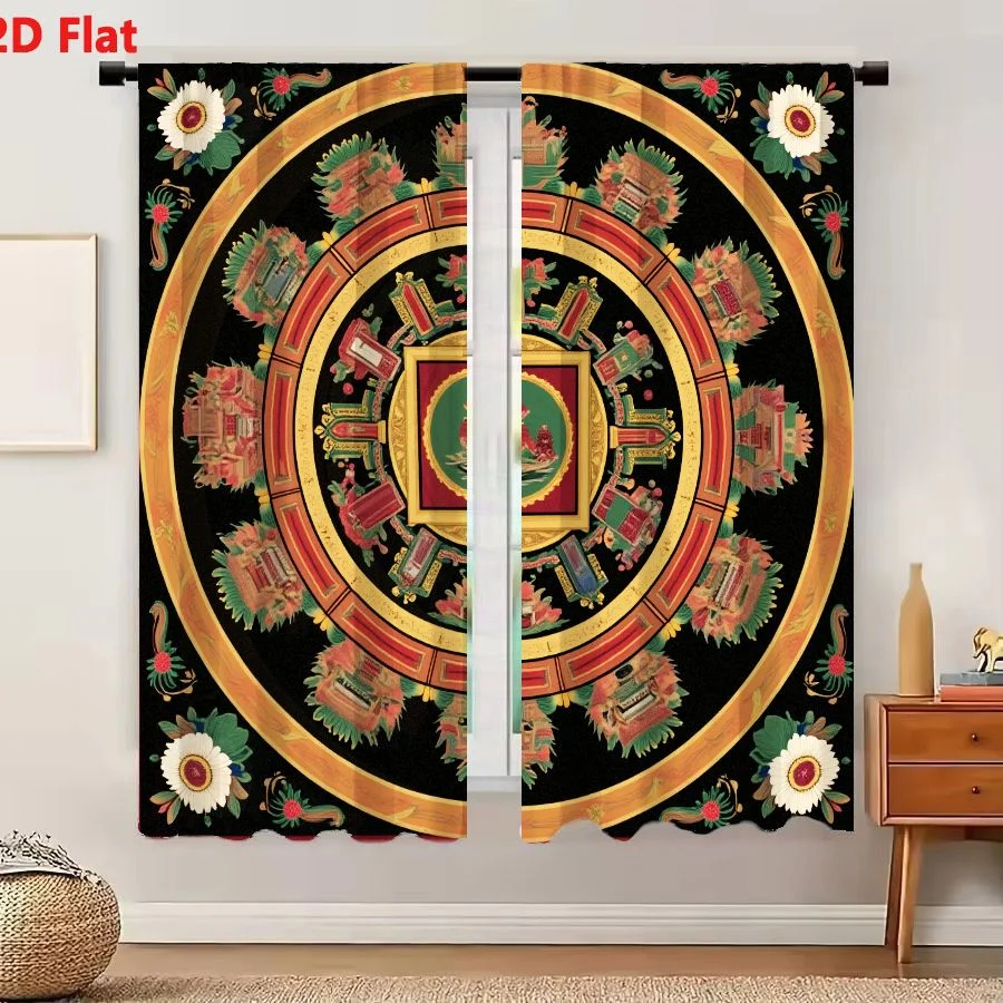 2Pcs Curtains 2D Flat Tibetan Buddhist Mandala With Mount Meru Tree Sacred Site Deities Guardians Lotus Flowers Meditation Art W