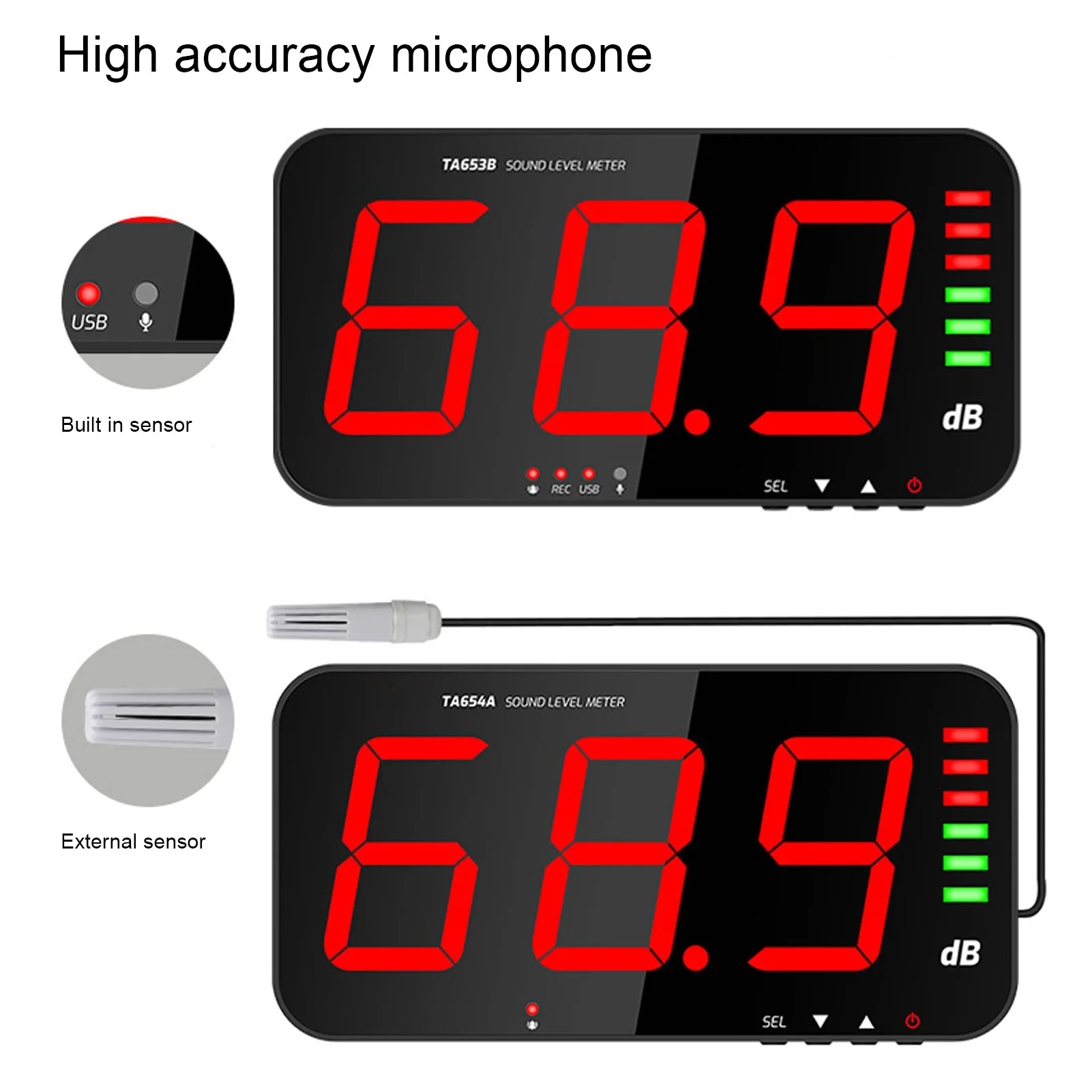 TA653B 데시벨 미터 레코더 벽걸이 형 소음 사운드 레벨 측정 세트 대형 스크린 소음 측정기 산업용