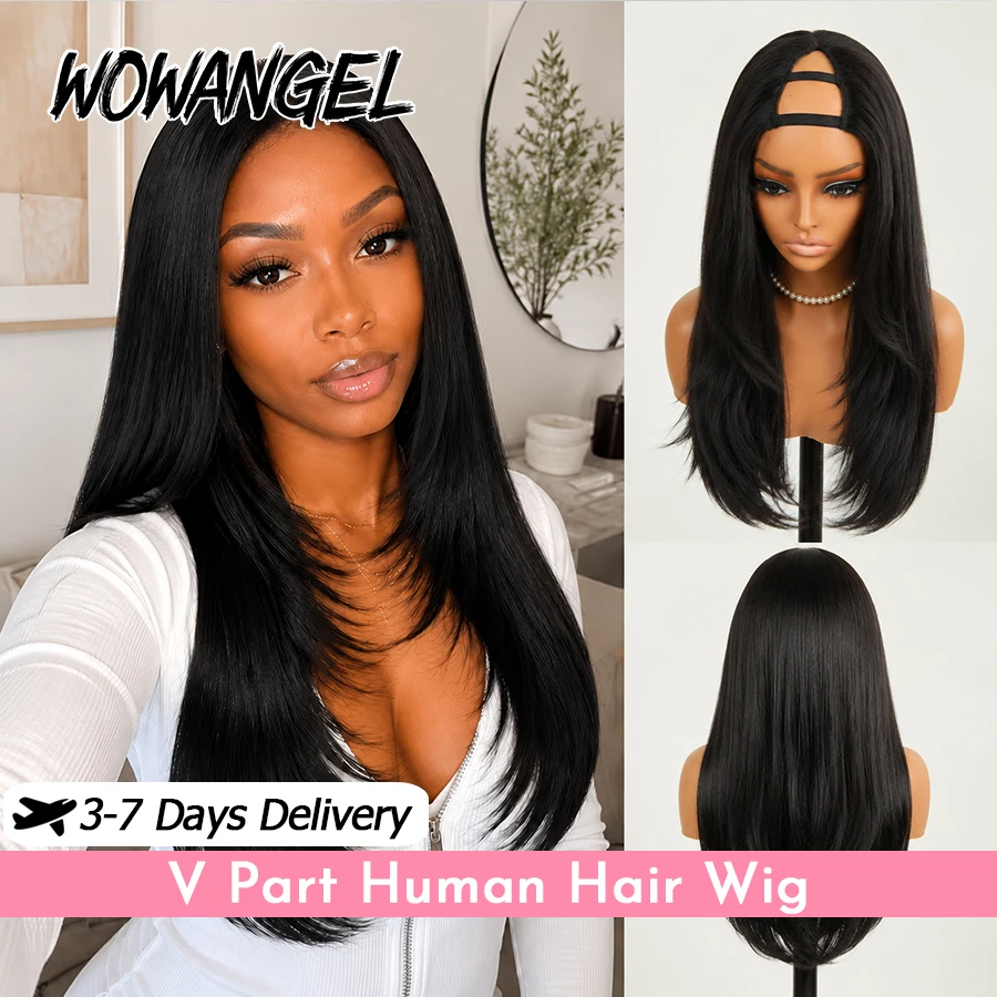 WOWANGEL V Part Wig Human Hair Layer Cut Straight Glueless Clip In U Part Wig Natural Black No Leave Out Brazilian Virgin Hair