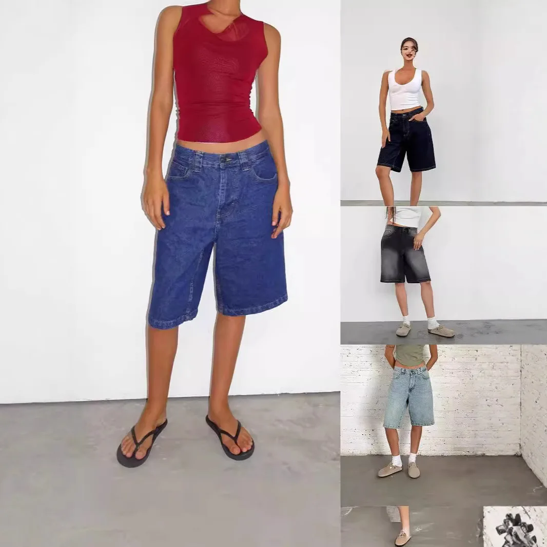 2026 European and American Foreign Trade Loose Non Elastic Retro Cowboy Middle Pants Women's Basic Five Quarter Pants Made Old