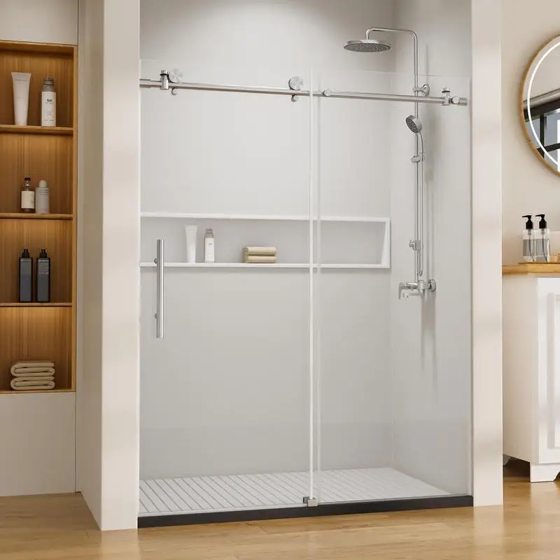 

56"-60" W x 74" H Single Sliding Frameless Shower Door, 8mm Thick Tempered Glass, Stainless Steel Hardware, Brushed Nickel
